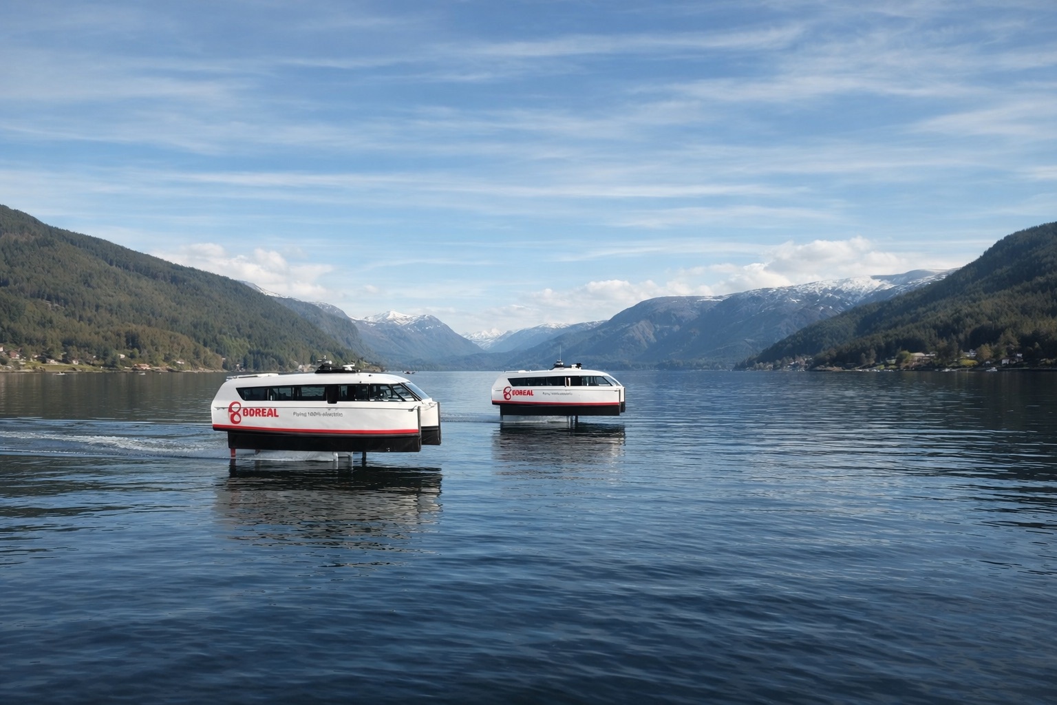 Látványterv: két Candela P-12 elektromos szárnyas komp repül egy norvég fjord vizén a Boreal flottájának színeiben